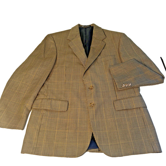 Allyn Saint George Blazer Sports Coat 40R Tan Gold Blue 100% Worsted Wool Jacket